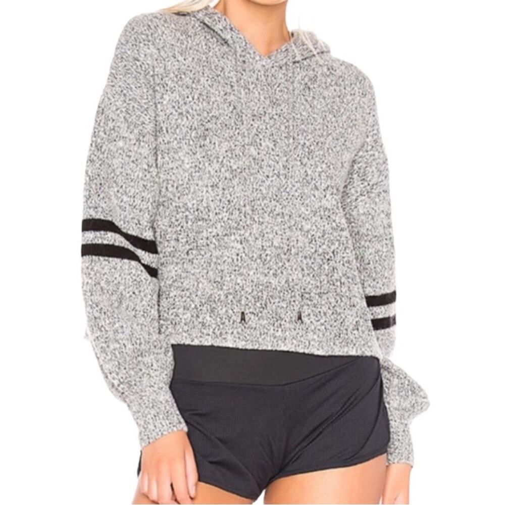 ONZIE Gray Black Varsity Striped Blouson Sleeve Chunky Knit Hoodie Sweater OS